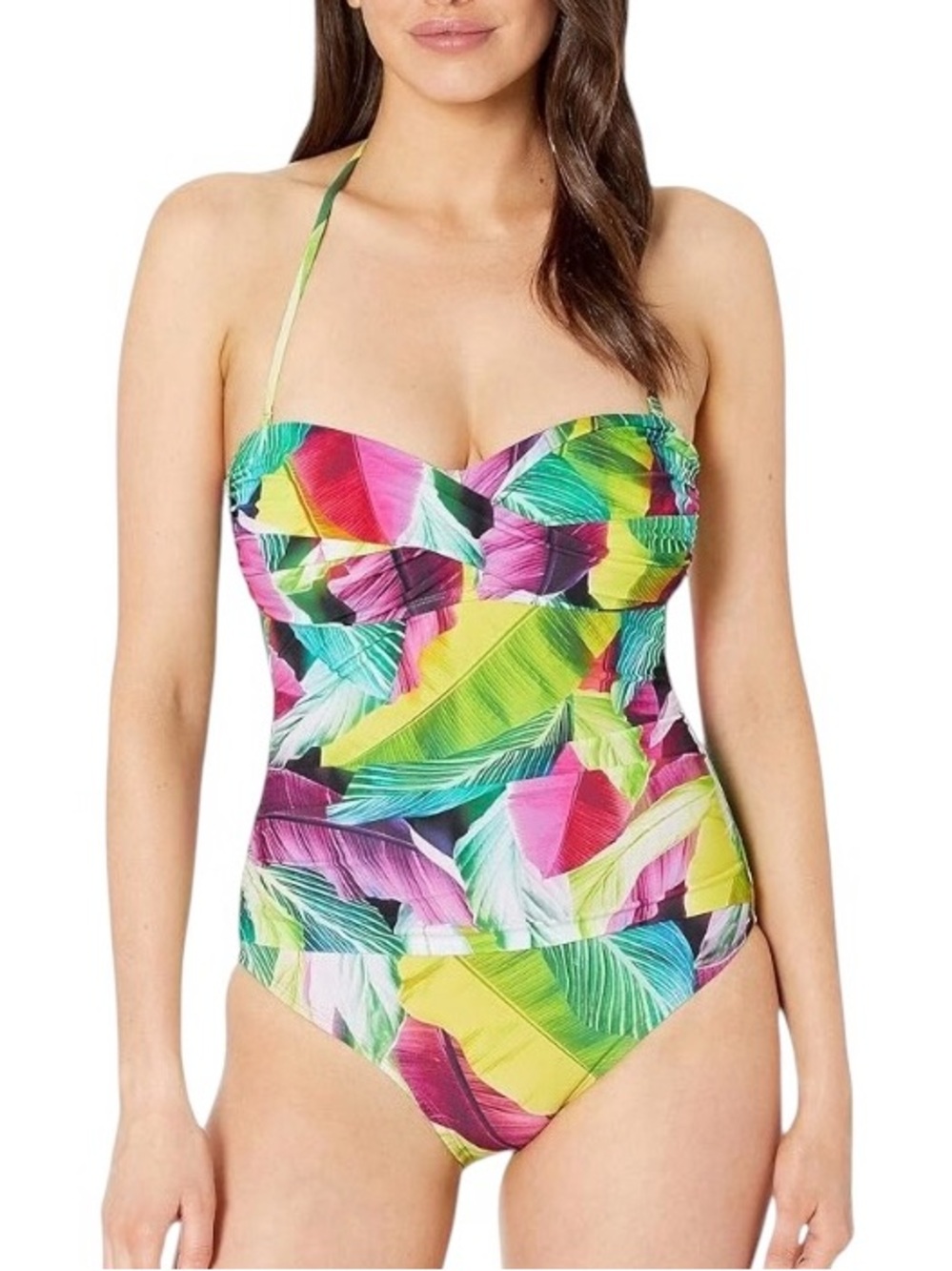 LA BLANCA | Tropic Of The Day Bandeau One-Piece Swimsuit size 10 Tropical Leaf